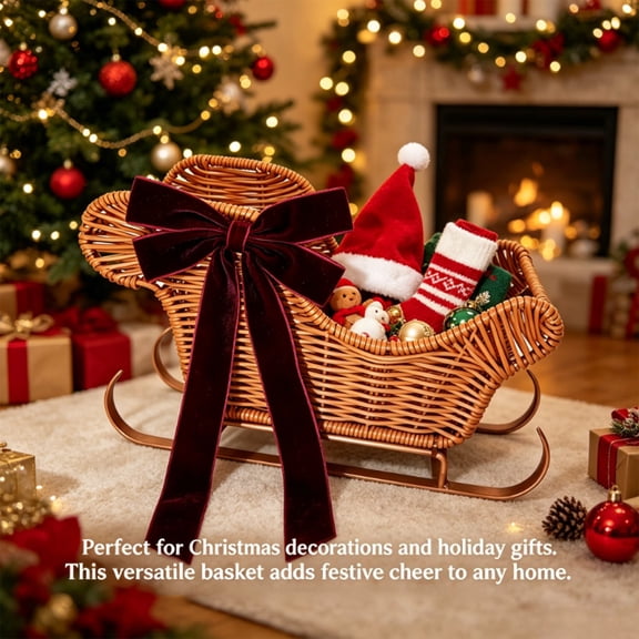 Feledorashia Christmas Sleigh Basket, Woven Look Holiday Storage, Open Sleigh Shape with a Rigid Metal Frame and Woven Look Body, for Tabletop Hearth Entryway and Seasonal Organization and Decor