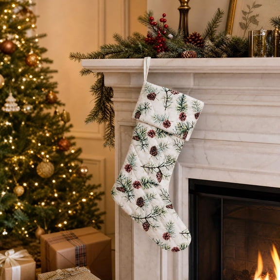 Feledorashia Christmas Stocking, Holiday Mantel Hanging Sock, Patterned Fabric Boot Shape with a Wide Cuff and Hanging Loop for Fireplace Stair Railing and Gift Display, Soft Reusable Seasonal Decor