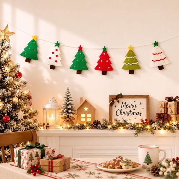 Feledorashia Christmas Tree Banner, Felt Holiday Garland, 3 Meter Strand with 6 Colorful Tree Cutouts and Star Toppers, Adjustable Garland for Fireplace Wall Window Storefront and Party Backdrop