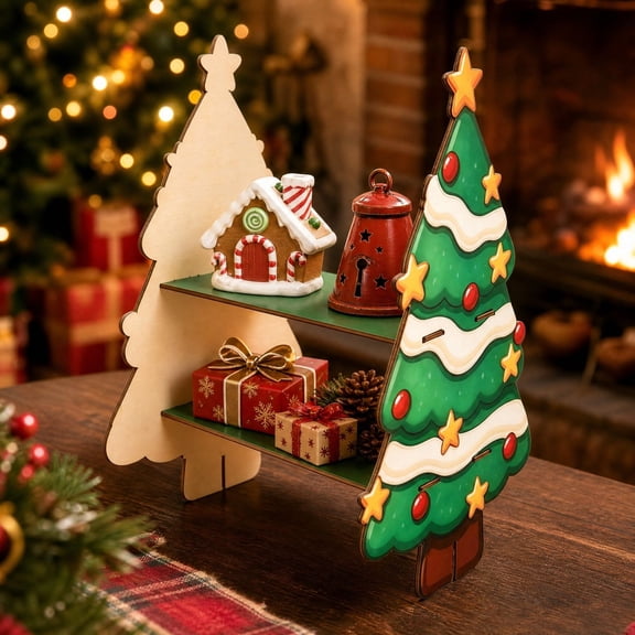 Feledorashia Christmas Tree Display Shelf, 2 Tier Tabletop Stand, Evergreen Silhouette with Platforms for Figurines and Keepsakes, 10 Inch Organizer for Mantel Countertop Coffee Bar and Table