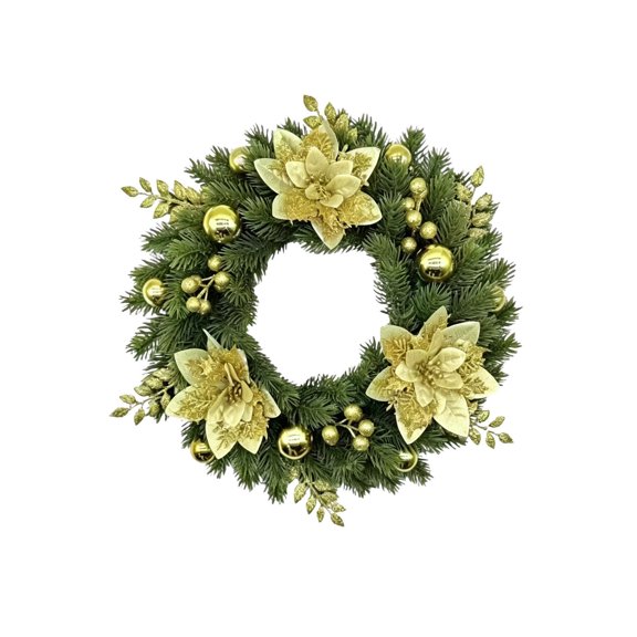 Feledorashia Christmas Wreath, Artificial Christmas Wreath, Gold Poinsettia Holiday Front Door Hanging Decor, Durable Plastic Material, Full Round Shape, Built-In Hanging Loop, Elegant Festive Design