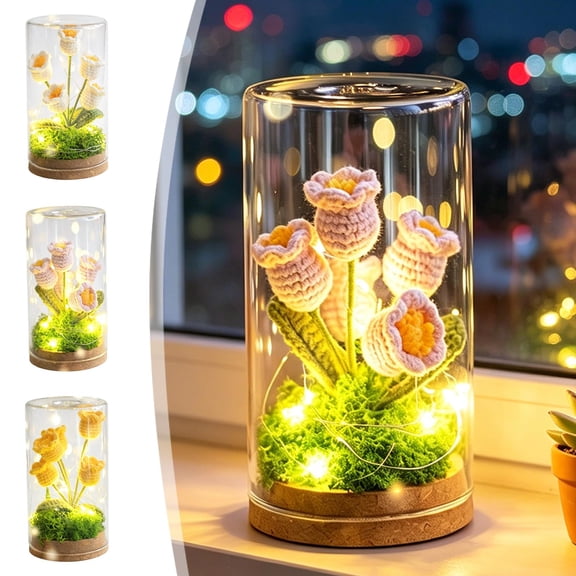 Feledorashia Crochet Flower Night Light, LED Glass Dome Lamp, Handmade Knitted Floral Lamp for Bedroom Decor, Romantic Warm Light, Durable Glass Dome with Cork Base, Compact Size for Desktop Use