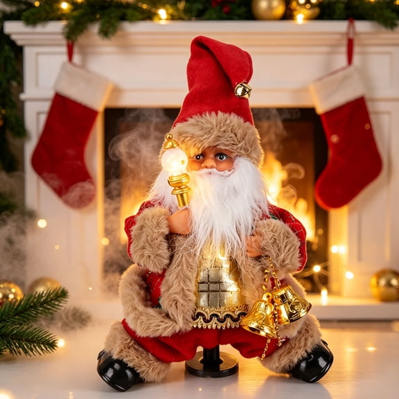 Feledorashia Dancing Santa Figurine, Musical Christmas Decoration, 11.42 Inch Animated Santa with Golden Bells Light and Sound, Battery Powered Holiday Character for Tabletop Entryway or Party