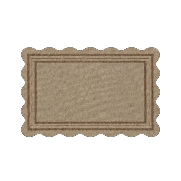 Feledorashia Entryway Rug, Indoor Floor Mat, Scalloped Beige Linen Textured Non Slip Washable Low Pile Rug with Bordered Design for Kitchen Bathroom Bedroom Hallway Decor