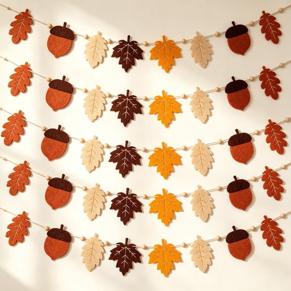 Feledorashia Fall Leaf Garland, Acorn Hanging Garland, 5 Pack 118.11 Inch for Mantel Wall Doorway Shelf and Harvest Party Decorating, Maple Leaves and Acorn Shapes Separated by Wooden Beads in Wood