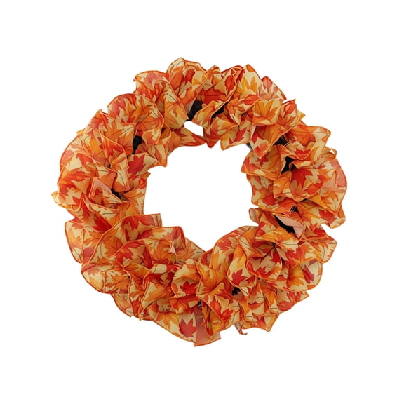 Feledorashia Fall Wreath, Autumn Wreath, Orange Maple Leaf Ruffled Fabric Wreath for Thanksgiving Porch Window Wall Display, Rustic Polyester Fabric Durable Waterproof Fade Resistant