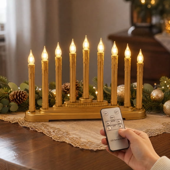 Feledorashia Flameless Candle Bridge, Remote Control Candelabra, 9 Light Battery Operated Window Decor for Home and Seasonal Display, A Molded Vintage-Style Base Product Design