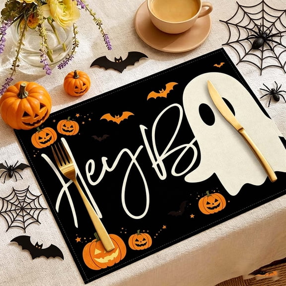 Feledorashia Halloween Linen Placemats, Heat Insulated Table Mats, Hey Ghost Print Fall Dining Decor, Thick Durable Linen Fabric with Reinforced Stitching for Holiday Table Settings