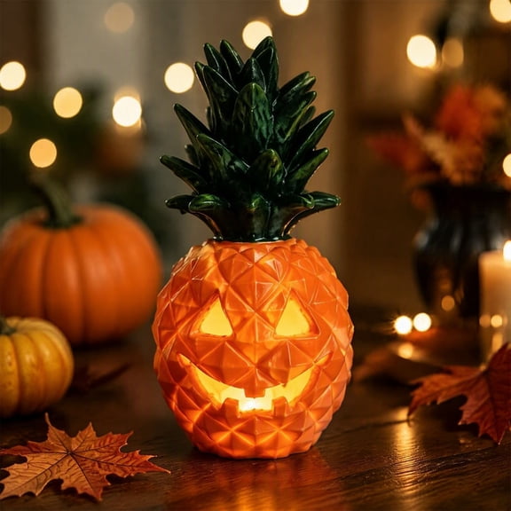 Feledorashia Halloween Pineapple Pumpkin Light, LED Candle Tabletop Decor, 9.84 Inch Carved Lantern Figure with Leaf Crown for Mantel Window or Party Table, Jack O Lantern Accent with Tropical Shape