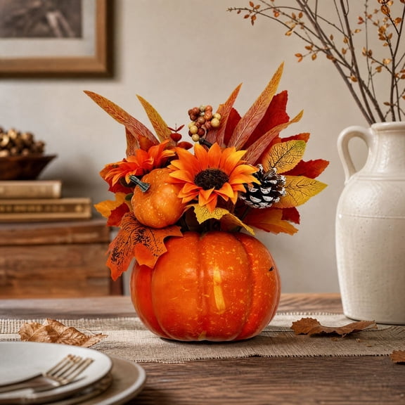 Feledorashia Halloween Pumpkin Decor, Pumpkin Table Centerpiece, 12.99 Inch Fall Floral Arrangement for Dining Table Mantel Shelf and Entryway, Wood Pumpkin Vase with Sunflowers Autumn Leaves
