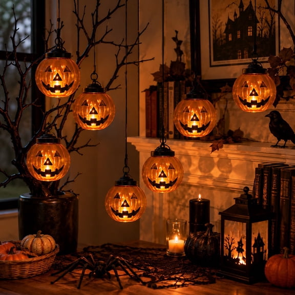 Feledorashia Halloween Pumpkin Lights, LED Jack O Lanterns, 5 Piece Handled Pumpkin Set for Glowing Tabletop and Porch Arrangements, Warm Lighted Faces in Plastic for Party Entryway and Mantel Decor