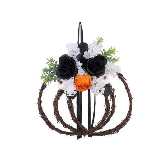 Feledorashia Halloween Pumpkin Wreath, Autumn Door Decoration, Hand-Woven Vine Pumpkin Silhouette with Faux Flowers and Mini Pumpkins, Durable Flexible Frame for Outdoor and Indoor Seasonal Displays