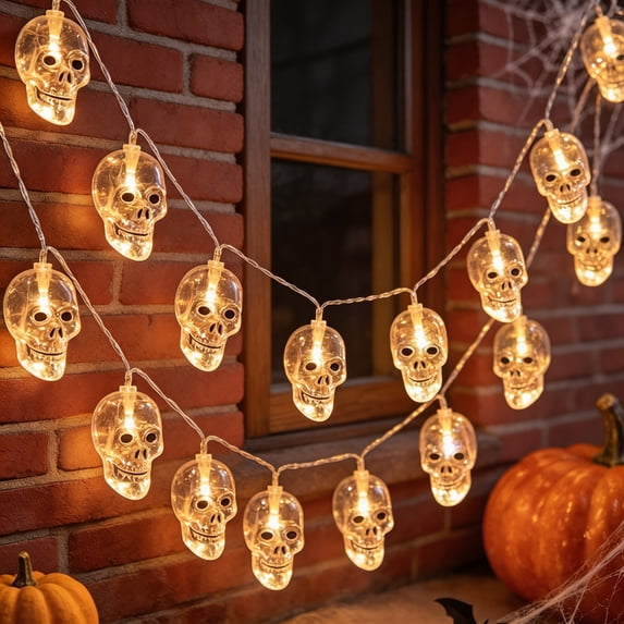 Feledorashia Halloween Skull Lights, USB String Light, Glowing Skeleton Head Garland for Window Mantel Porch Party Backdrop and Spooky Room Decor, Flexible LED Strand with Repeating Skull Covers