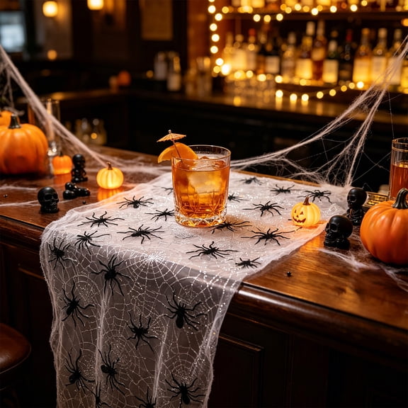 Feledorashia Halloween Table Runner, Spiderweb Mesh Table Decor, Cuttable Sheer Netting for Dining Table and Mantel, Reusable Washable Polyester Fabric for Party Decorations
