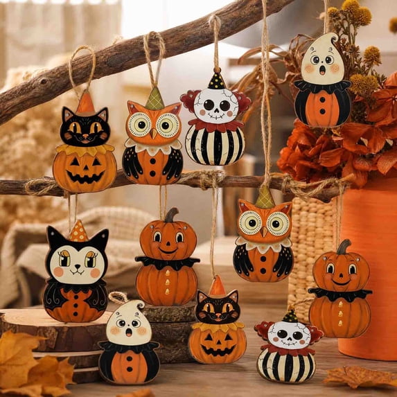 Feledorashia Halloween Wooden Garland, Wooden Hanging Ornament Set, Vintage Cutout Decorations With Rope For Tree Door Window Mantel Party Home Decor Seasonal Display