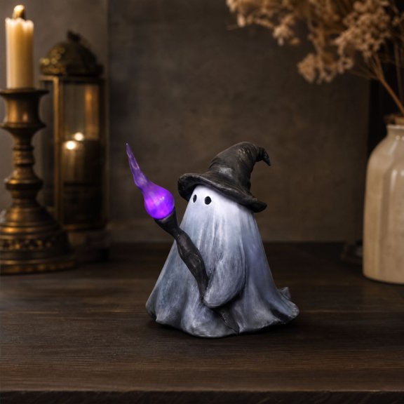 Feledorashia Light Up Wizard Ghost Figurine, Halloween Ghost Statue, Halloween Accent for Desk Shelf Mantel Entryway Window and Party, Resin and Lighting Components with Wizard Hat Ghost Form