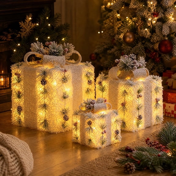 Feledorashia Lighted Christmas Gift Boxes, LED Tabletop Light, Integrated Illumination and Stable Display Form for Desk Shelf Mantel Nightstand Window Party and Room Decor Using Plastic and Lighting