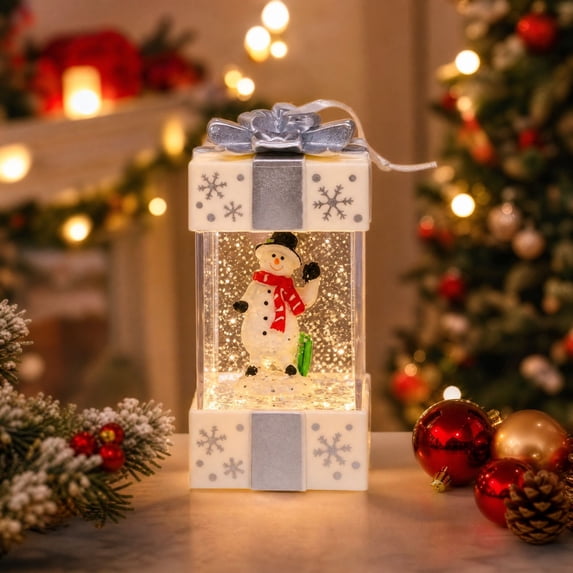 Feledorashia Lighted Gift Box Decor, Christmas Water Lantern, Gift Shaped Tabletop Scene with Illuminated Swirling Glitter Effect for Mantel Shelf Desk Table Holiday, Seasonal Display Design