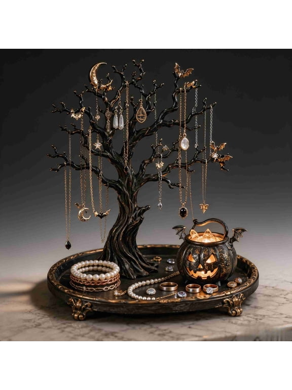 Lighted Jewelry Tree, Jewelry Organizer Stand, Illuminated Display for Rings Earrings Necklaces Bracelets and Vanity Accessories, Mixed Material Branch Shaped Holder with Base Scene