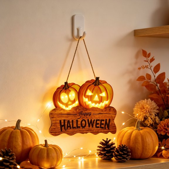 Feledorashia Lighted Pumpkin Door Sign, LED Tabletop Light, Halloween Accent for Desk Shelf Mantel Nightstand Window and Decor, Plastic and Lighting Components with Illumination and Display Form