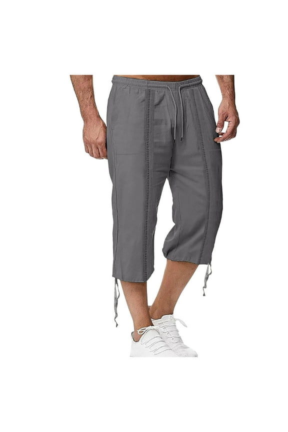 Men's 3/4 Length Shorts with Belted Casual Loose Fit Elastic Waist Below Knee Pants with Multi-Pockets Below Knee Length Mens Shorts