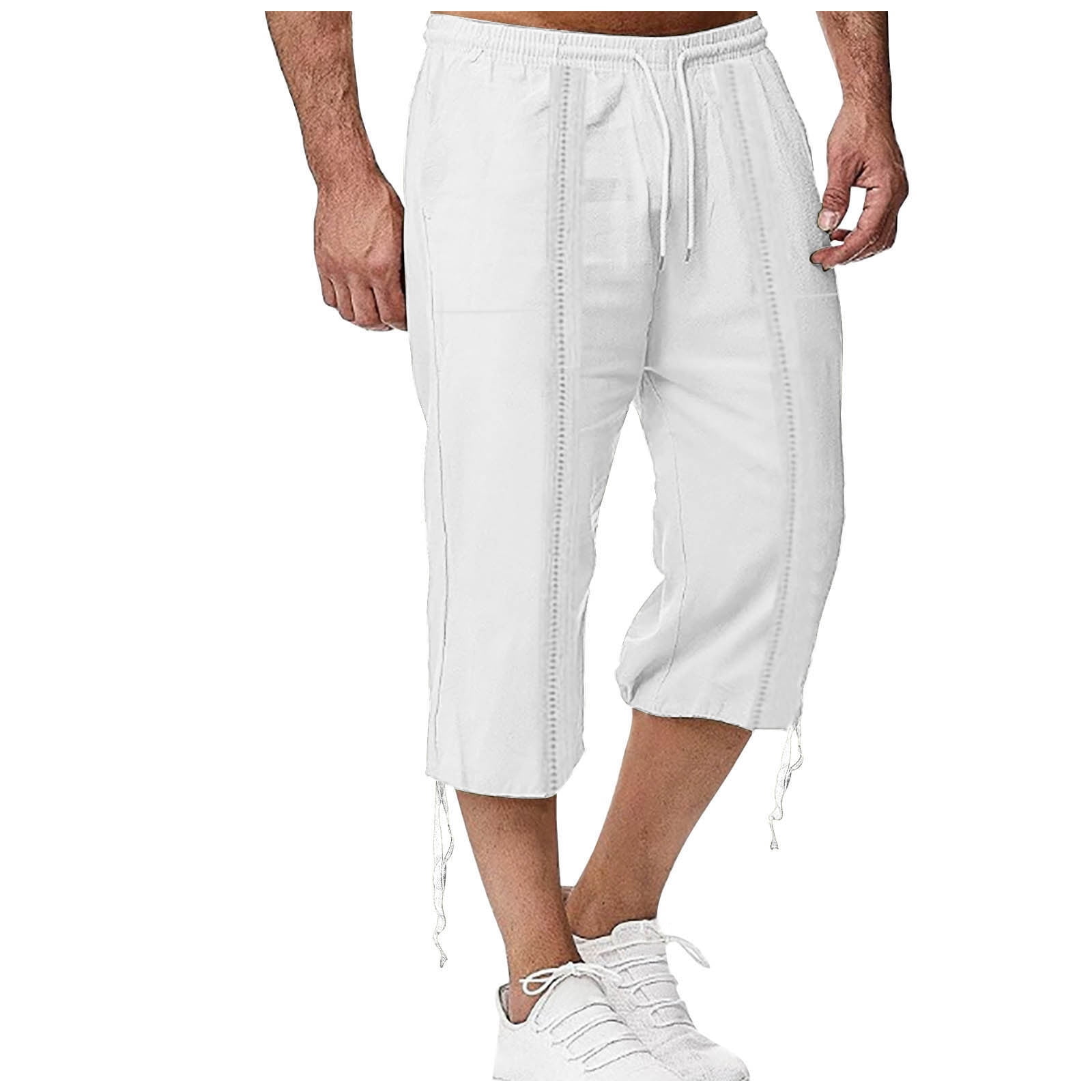 Feledorashia Men's 3/4 Length Shorts with Belted Casual Loose Fit ...