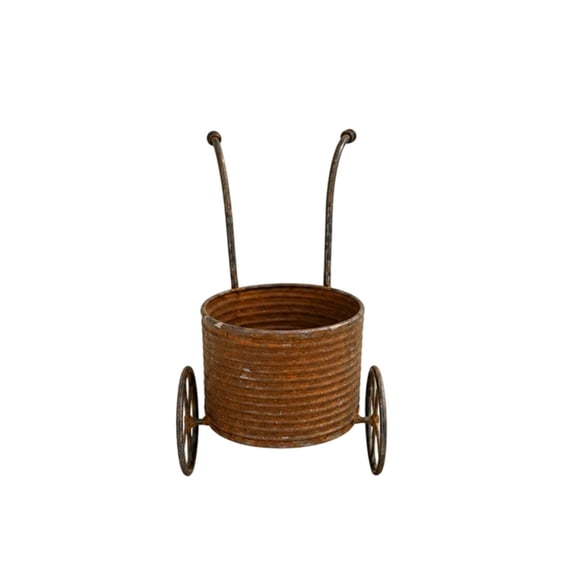 Feledorashia Metal Wagon Planter, Garden Flower Pot, Vintage Style Rolling Decorative Outdoor Patio Porch Container, Sturdy Weathered Metal Construction, Compact Elegant Design
