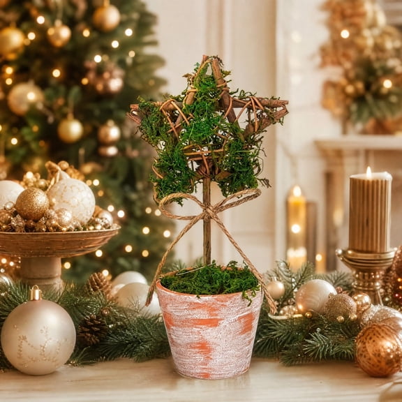 Feledorashia Moss Star Topiary, Christmas Tabletop Ornament, 7.87 Inch Textured Star in a Small Pot with Jute Bow Detail, Compact Botanical Accent for Desk Shelf Mantel or Holiday Centerpiece