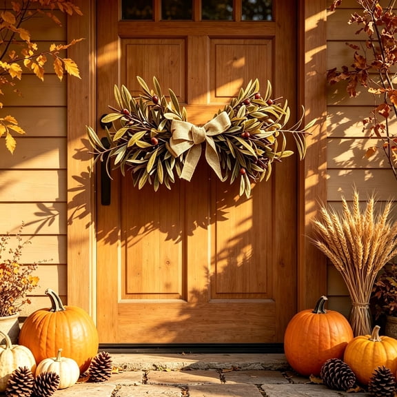 Feledorashia Olive Branch Door Swag, Fall Greenery Hanger, for Front Door Wall Entryway and Autumn Seasonal Decorating, Olive Leaves and Small Fruit Accents and Decorative Bow in Artificial Foliage