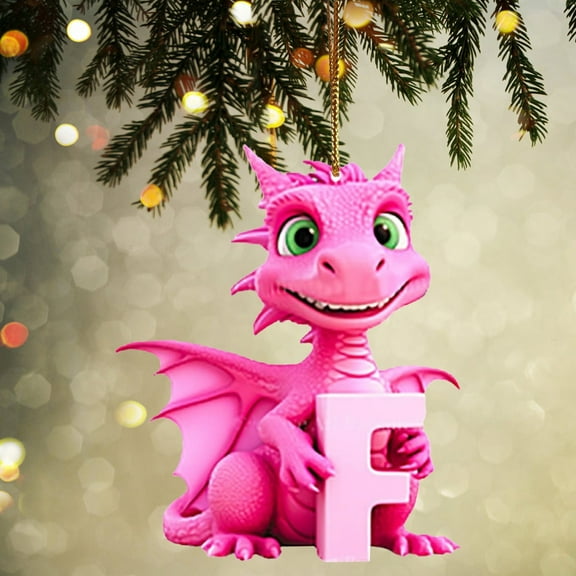 Feledorashia Personalized 26 Letter Christmas Tree Ornaments, Cute Pink Baby Dinosaur Alphabet Pendants for Xmas Tree, Wreath, Car DIY Decoration, Christmas Gift for Family