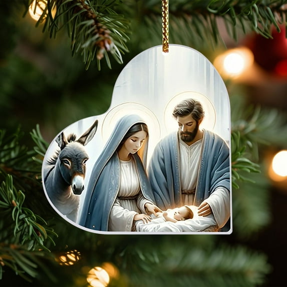 Feledorashia Personalized Acrylic Christmas Ornaments - 3.15" Heart Holiday Tree Pendants, Nativity Scene Hanging Decor, Christmas Tree Decorations, Religion Gift for Family and Friends