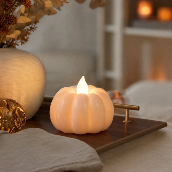 Feledorashia Pumpkin Flameless Candle, LED Tabletop Light, Halloween Accent for Desk Shelf Mantel Nightstand Window and Decor, Resin and Lighting Components with Illumination and Stable Display Form