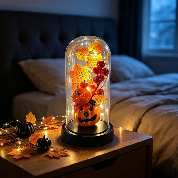 Feledorashia Pumpkin Glass Dome Light, LED Tabletop Light, Halloween Accent for Desk Shelf Mantel Nightstand Window and Decor, Plastic and Lighting Components with Illumination and Display Form