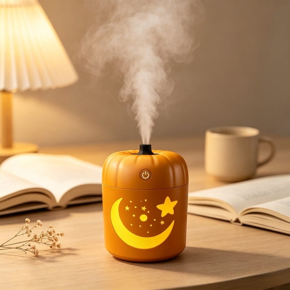 Feledorashia Pumpkin Humidifier, USB Desktop Humidifier, 4.69 Inch Pumpkin-Shaped Mist Diffuser for Bedside Tables and Desks, Molded Plastic with Top Mist Outlet and Integrated Ambient Light