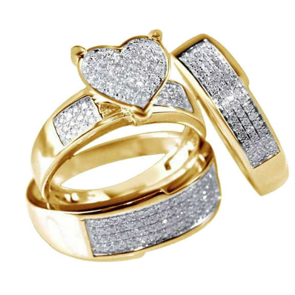 Feledorashia Rings for Women Mather's Day Gifts 3Pcs/Set Jewelry Yellow Gold Filled Heart White Sapphire Wedding Ring Sz6-10