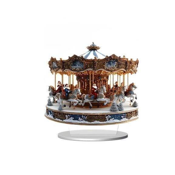 Feledorashia Rotating Christmas Carousel Decor, Acrylic Holiday Table Ornament, Flat Carousel Scene with Horses Trees and Details, 7 Inch Display for Coffee Table Mantel and Party Centerpiece