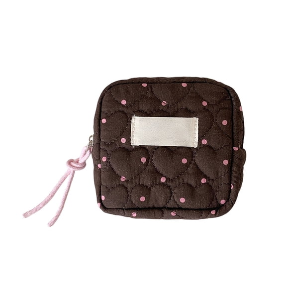 Feledorashia Sanitary Napkin Storage Bag, Portable Period Pouch, Heart Dots Fabric Mini Organizer, Compact Small Squares Makeup Purse with Double Zipper and Soft Quilted Design