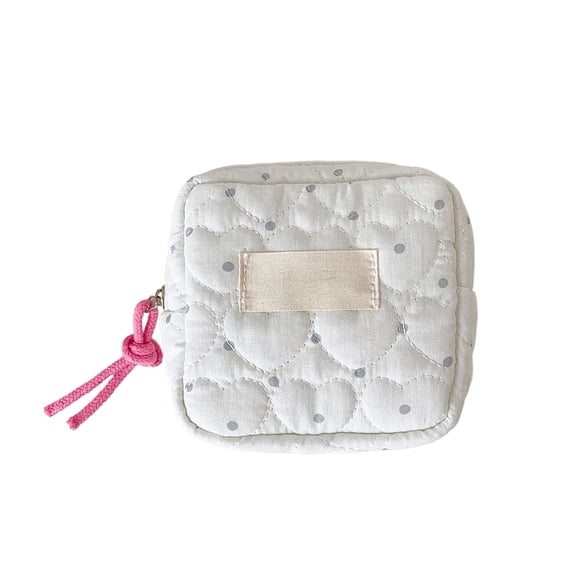 Feledorashia Sanitary Napkin Storage Bag, Portable Period Pouch, Heart Dots Fabric Mini Organizer, Compact Small Squares Makeup Purse with Double Zipper and Soft Quilted Design