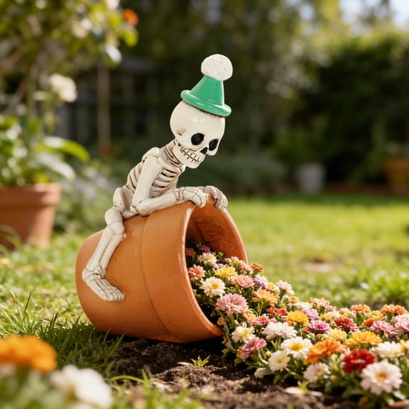 Feledorashia Skeleton Planter Pot, Skull Flower Container, for Desk Shelf Tabletop and Halloween Plant Display, Sculpted Skeleton Figure and Open Planter Top and Stable Base in Resin