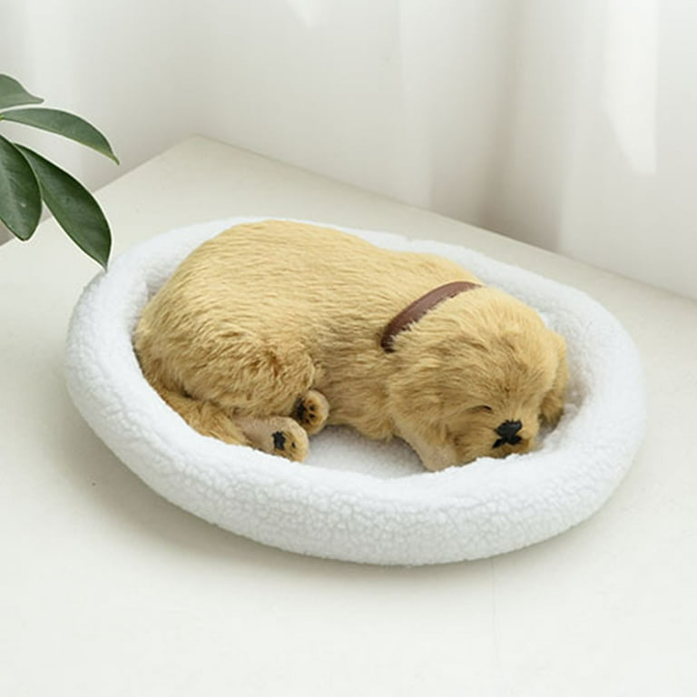 Feledorashia Sleeping Dog Stuffed Animal in Basket Doll Toy Lovely Mini Dog in Woven Realistic Fake Fluffy Gift Plush Stuffed Decor with Sounds for