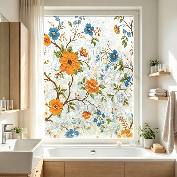 Feledorashia Window Film, Decorative Glass Sticker, No Glue Reusable Floral Branch Sunlight Filter Cling Film, Semi-Transparent Waterproof Light Diffuser for Bathroom Kitchen Balcony Home Office