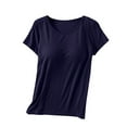 thumbnail image 1 of Feledorashia Women's Short Sleeve Tops with Built in Bra Solid Color Round Neck Casual Basic Shirt Womens Loose Fit Shirt with Built-In Cups Sports for Fitness Workout Running Yoga Tops,Navy L, 1 of 8