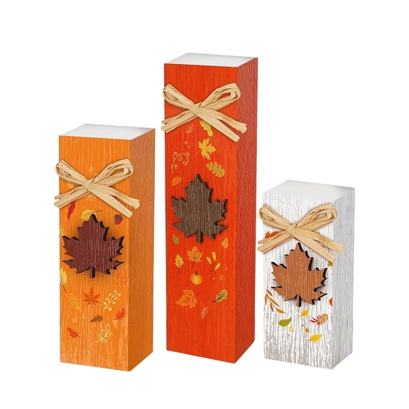 Feledorashia Wooden Block Set, Fall Tabletop Decor, Distressed Maple Leaf Tiered Tray Centerpiece, Solid Wood Construction, Natural Raffia Bow, Thanksgiving Home Decoration