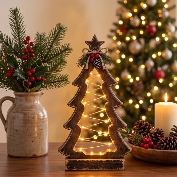 Feledorashia Wooden Christmas Tree Decor, Tabletop Holiday Ornament, Open Tree Outline with Star Topper for Desks and Shelves, Wood Minimal Wooden Tree Silhouette for Mantels and Bedside Tables