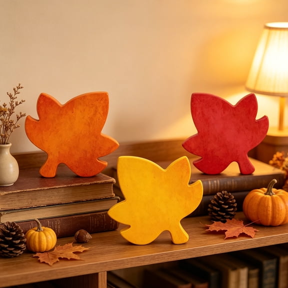 Feledorashia Wooden Maple Leaf Decor, Fall Tabletop Ornament, Harvest Craft for Desk Shelf Mantel Room Thanksgiving and Halloween Display, Freestanding Wood Design with Printed Seasonal Details