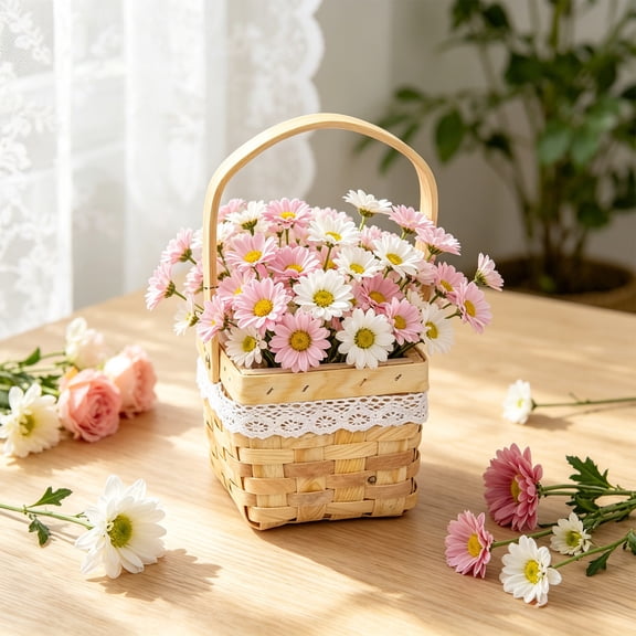 Feledorashia Woven Storage Basket, Rattan Basket, Handcrafted Natural Wicker Flower Arrangement Basket with Built-In Handle, Rustic Boho Style Planter and Home Decor Storage Organizer