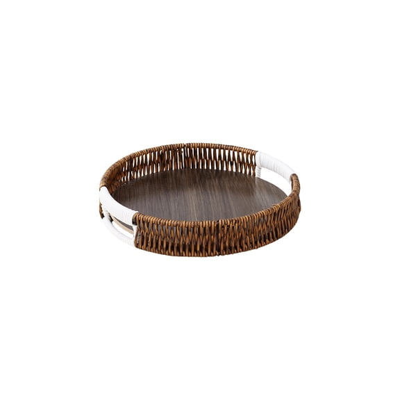 Feledorashia Woven Storage Tray, Decorative Serving Basket, Imitation Woven Table Organizer with Integrated Carry Handles, Flat Base Design for Multi-Purpose Home Use, Durable Plastic Material