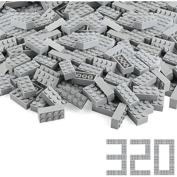 Basic Parts 320 Pieces 2x4 Light Gray Bricks Building Creative Play Blocks Set Toy Accessories Combine with Major Brick Brands (Gray Light)