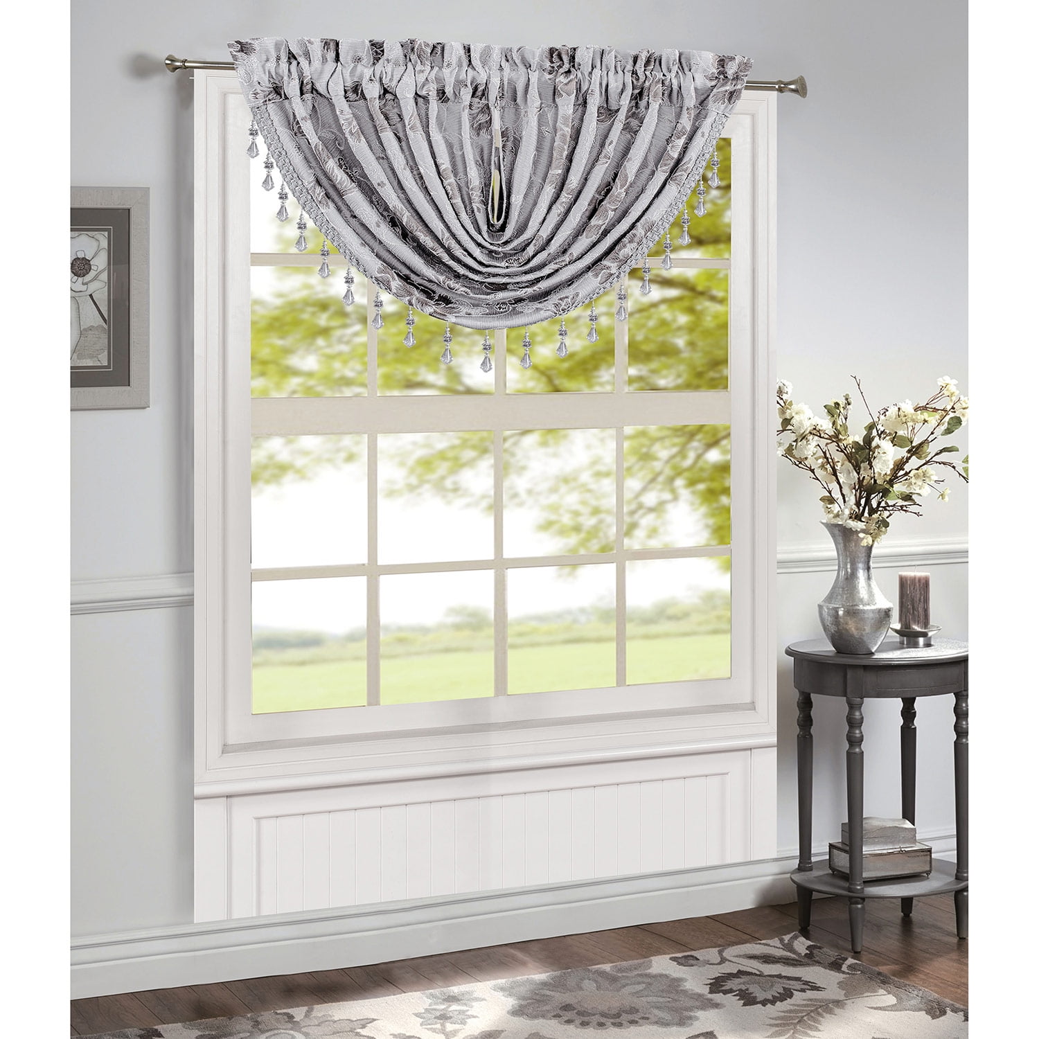 Felicia Jacquard Rod Pocket Waterfall Window Valance, Silver, 48x37 Inches