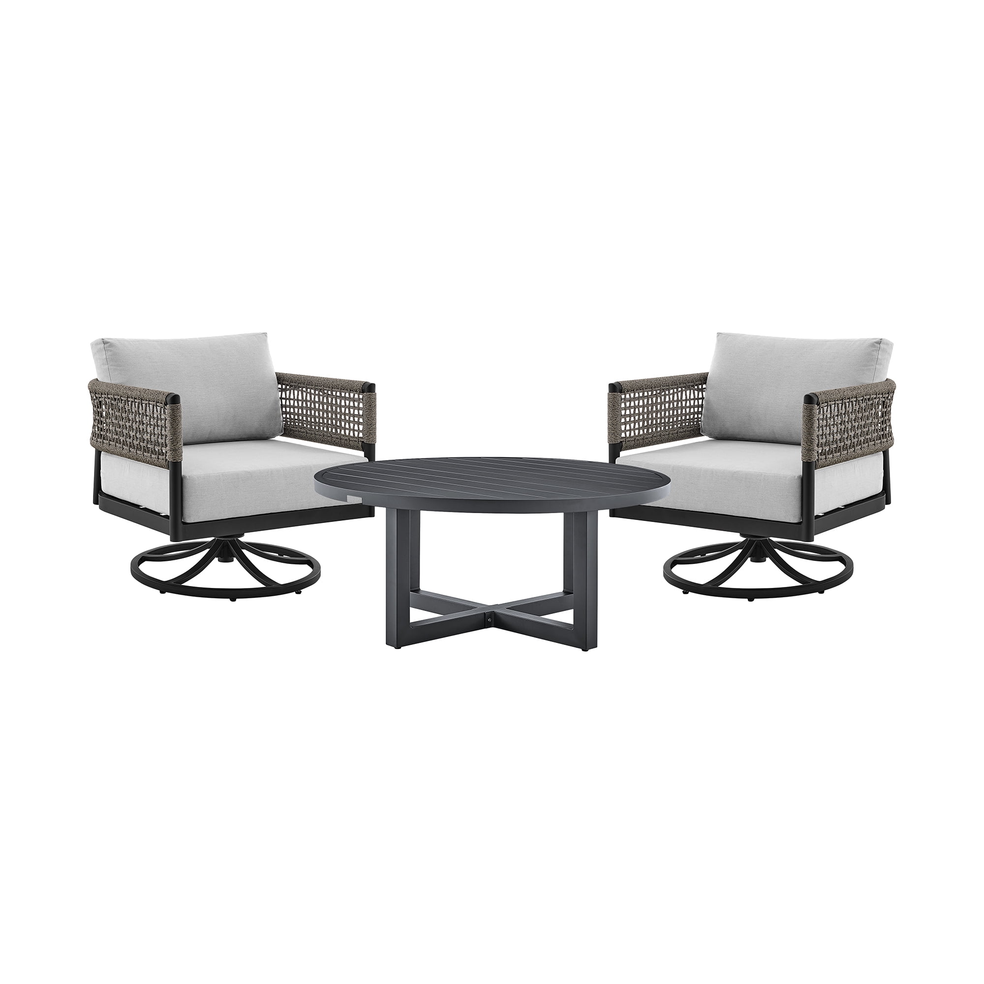 Felicia and Argiope Black Aluminum 3-Piece Patio Set with Grey Rope and Cushions